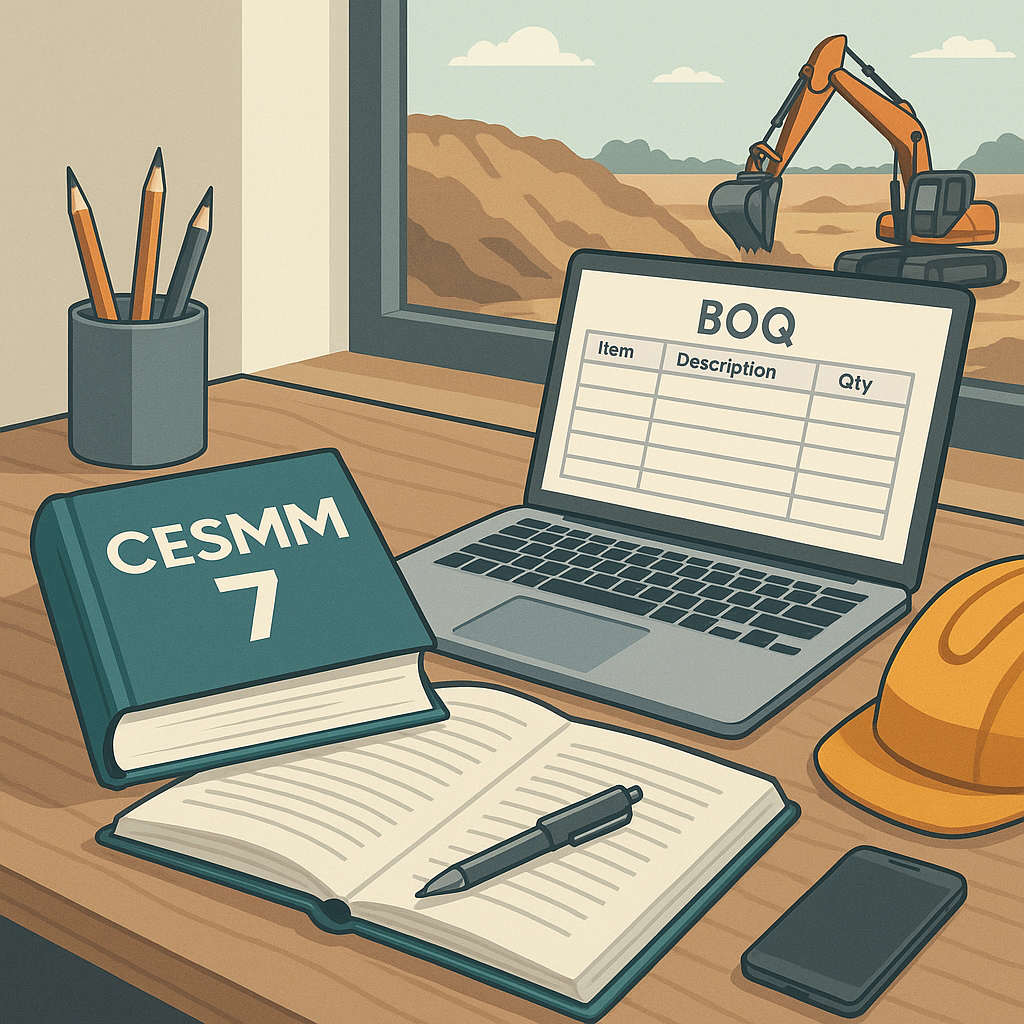 A detailed illustration of a contractor's desk with a CESMM 7 handbook open alongside a laptop showing a BOQ template, e...