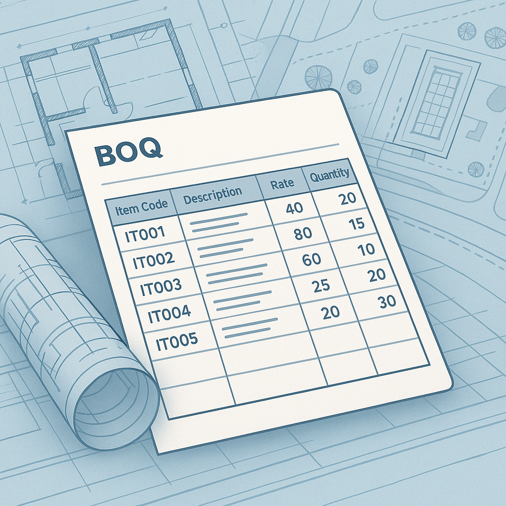 A detailed illustration of a construction BOQ spreadsheet, showing item codes, descriptions, rates, and quantities, with...