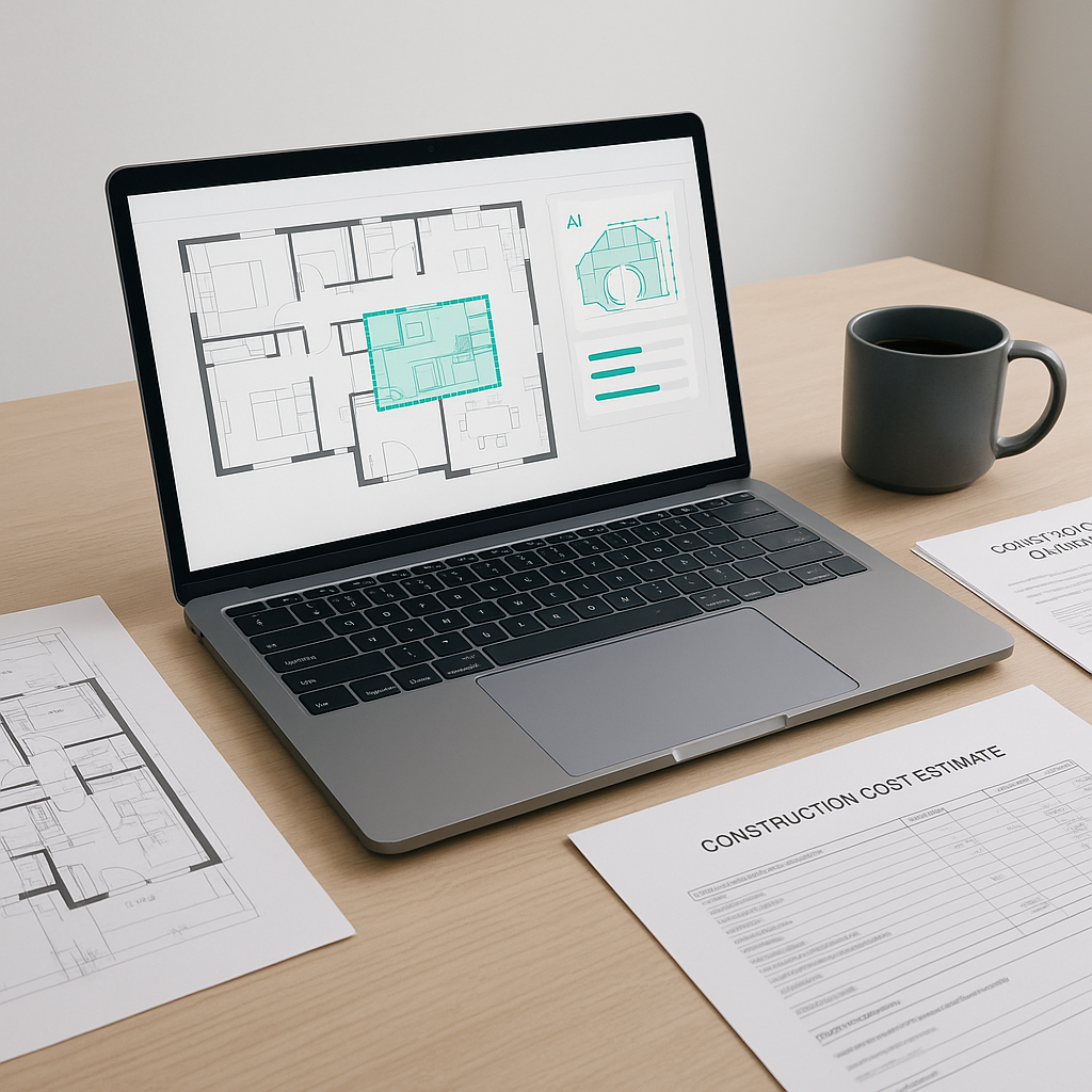 A modern estimator's desk with a laptop displaying an AI-powered takeoff tool analyzing building blueprints, alongside c...