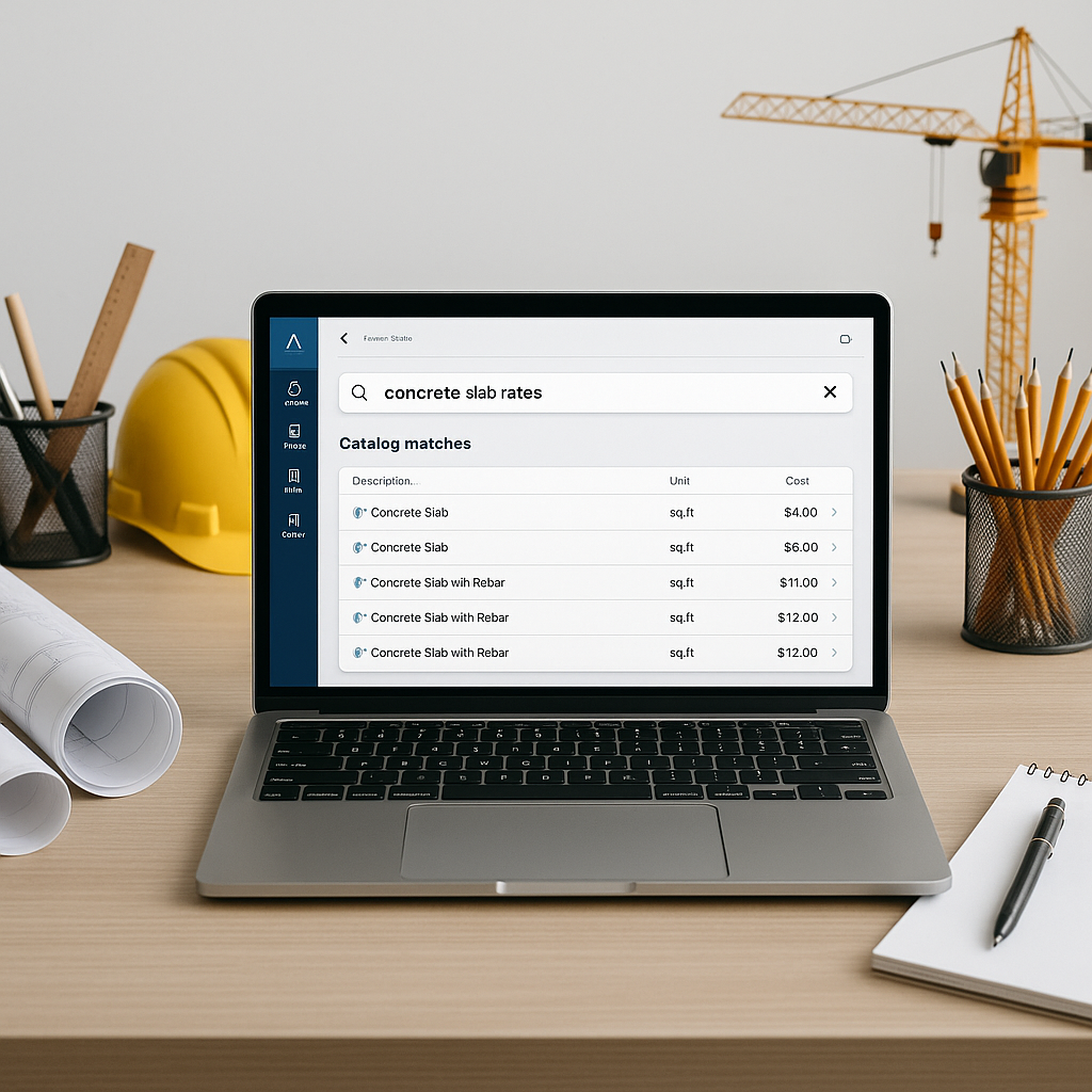 A construction estimator's desk with a laptop displaying an AI-powered estimation dashboard, showing search results for...