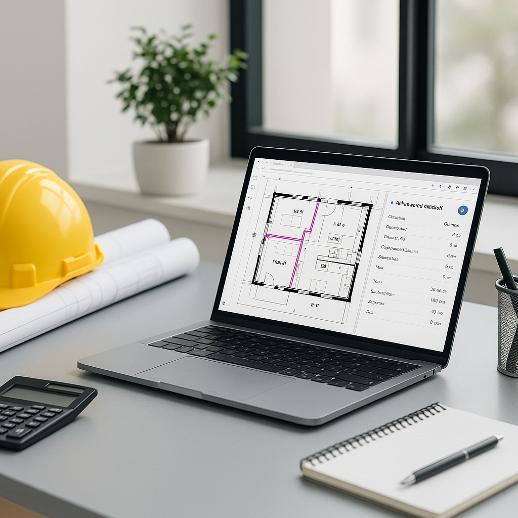 A modern construction estimator's desk with a laptop displaying AI-powered takeoff software, showing PDF drawings and ex...