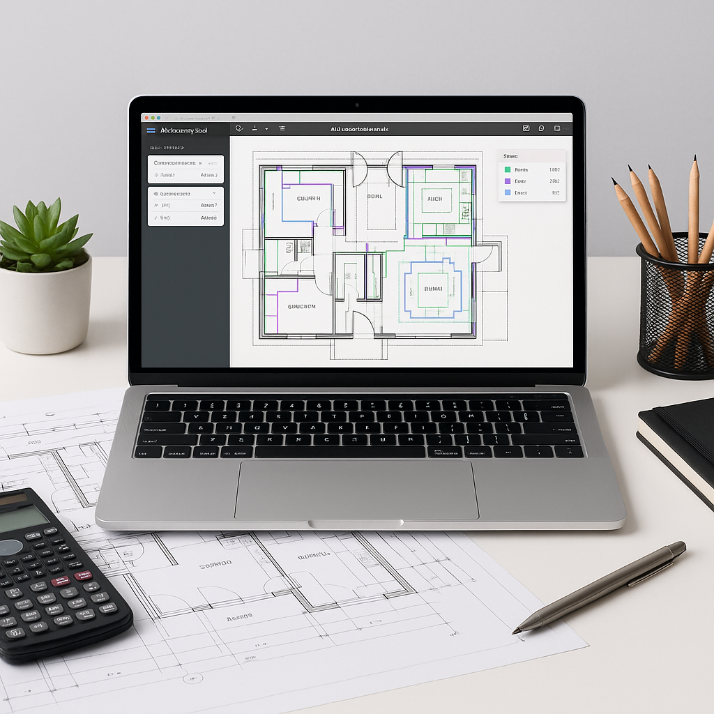 A modern construction estimator's desk with a laptop showing AI-powered takeoff software analyzing a detailed PDF drawin...