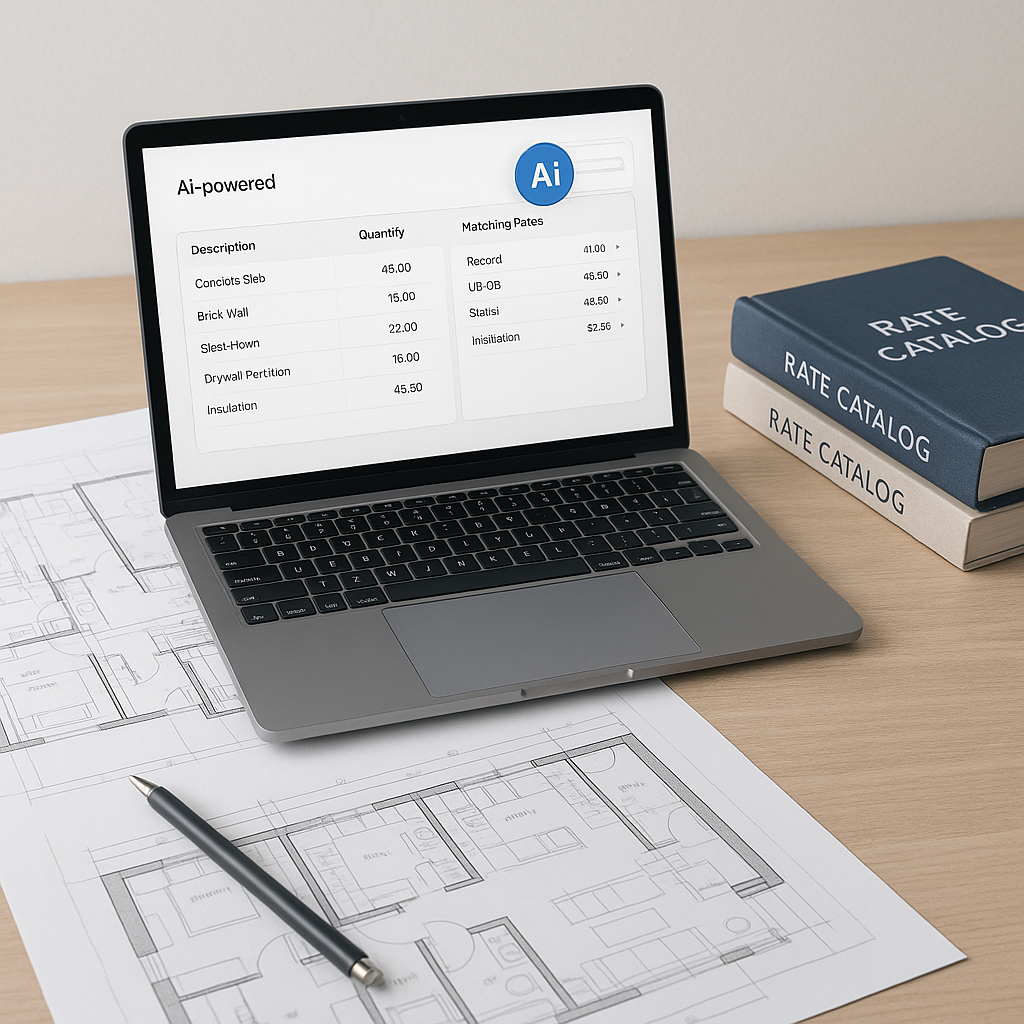 A construction estimator's desk with a laptop running AI-powered rate matching software, alongside blueprints and rate c...