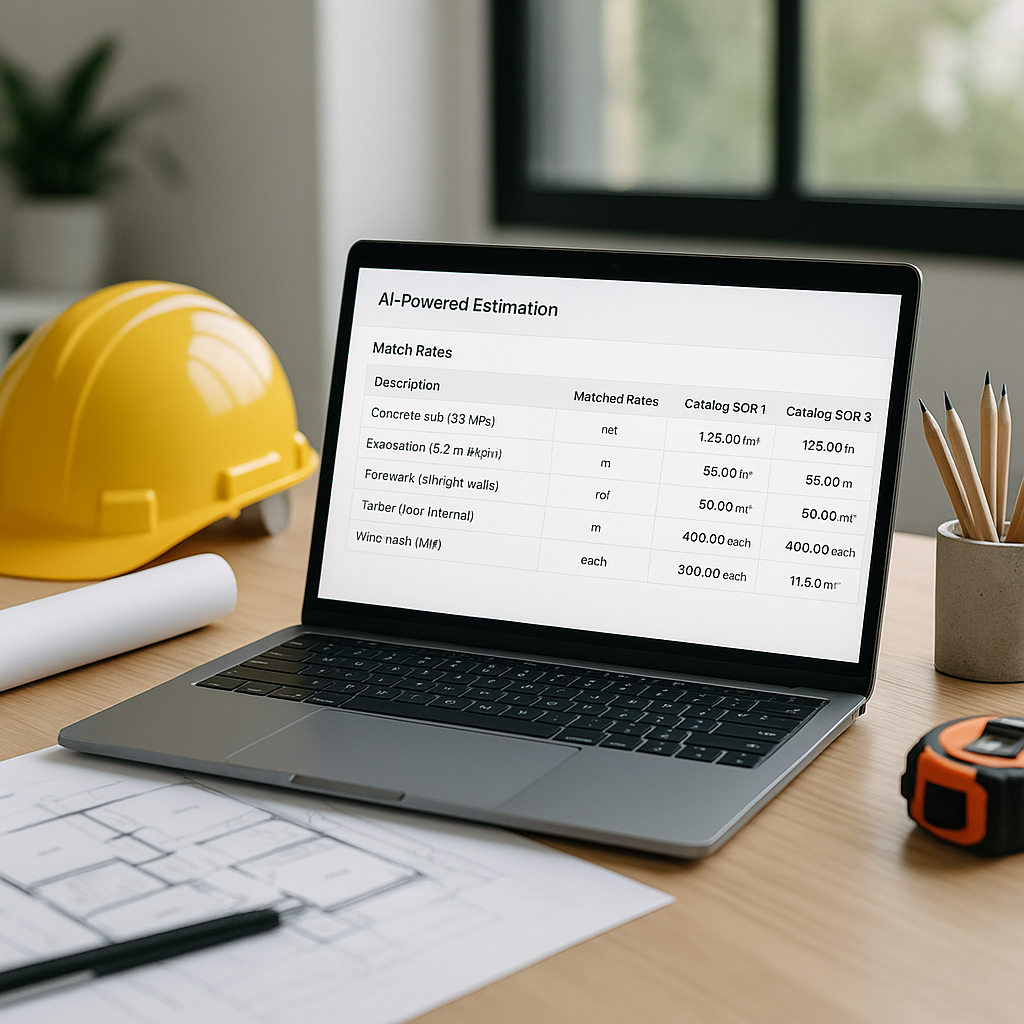 A construction estimator's desk with a laptop running AI-powered estimation software, showing a rate-matching interface...