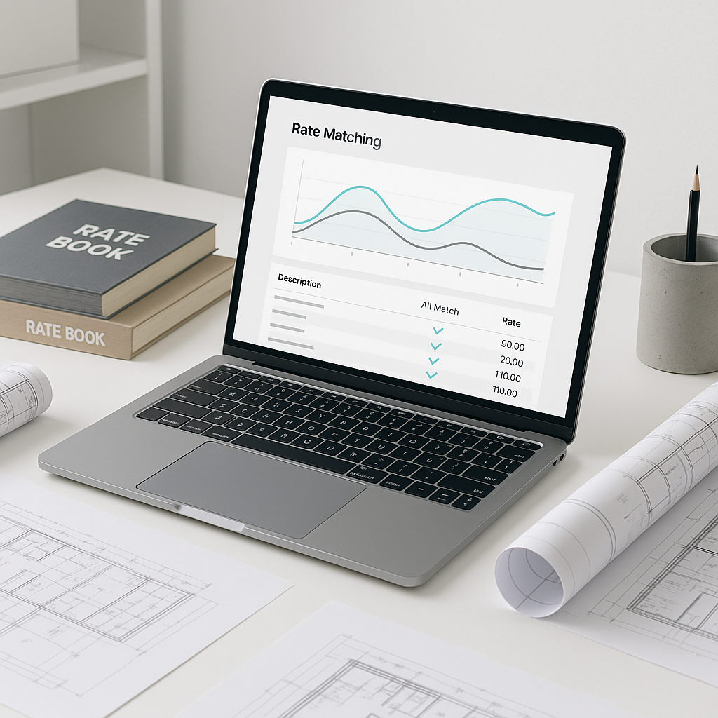 A modern construction estimator's desk with a laptop running AI-powered rate matching software, surrounded by physical r...