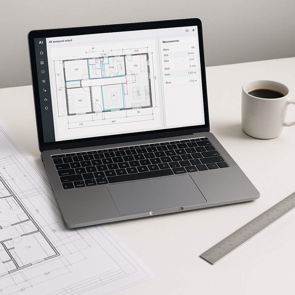 A modern construction estimator's desk with a laptop showing an AI-powered takeoff tool interface analyzing a PDF drawin...