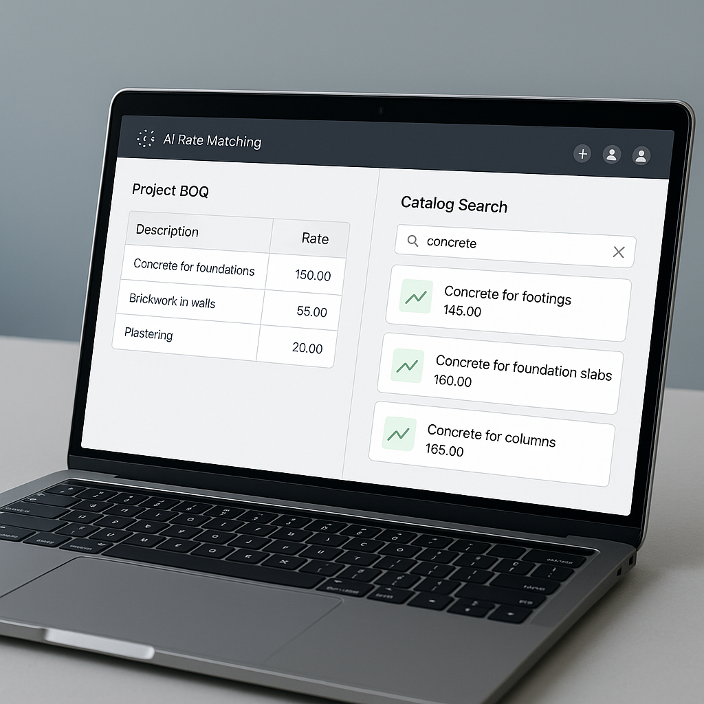 A laptop screen showing AI-powered rate matching software, with a construction project BOQ loaded on the screen and cata...