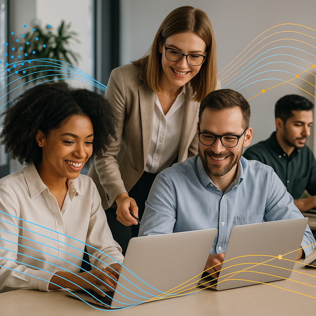 A modern office setting with employees collaborating on laptops, visualized with abstract data flow lines representing A...
