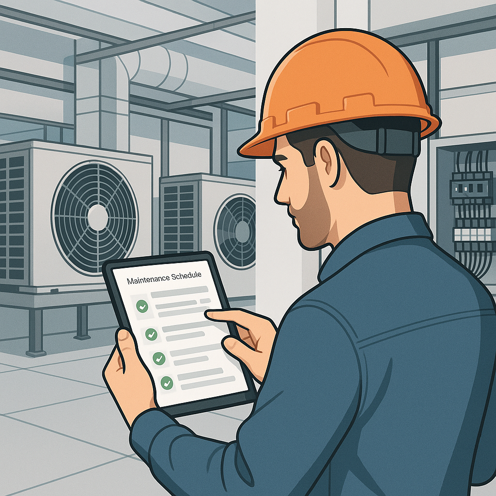 A detailed illustration of a contractor reviewing a digital maintenance schedule on a tablet, with a backdrop of HVAC un...