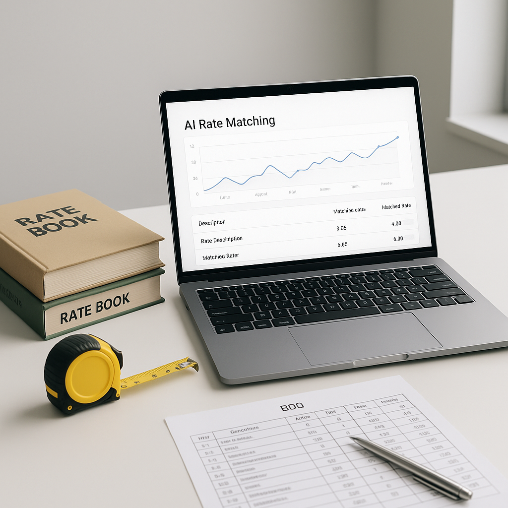 A construction estimator's desk with a laptop displaying an AI-powered rate matching tool. Surrounding the desk: rate bo...