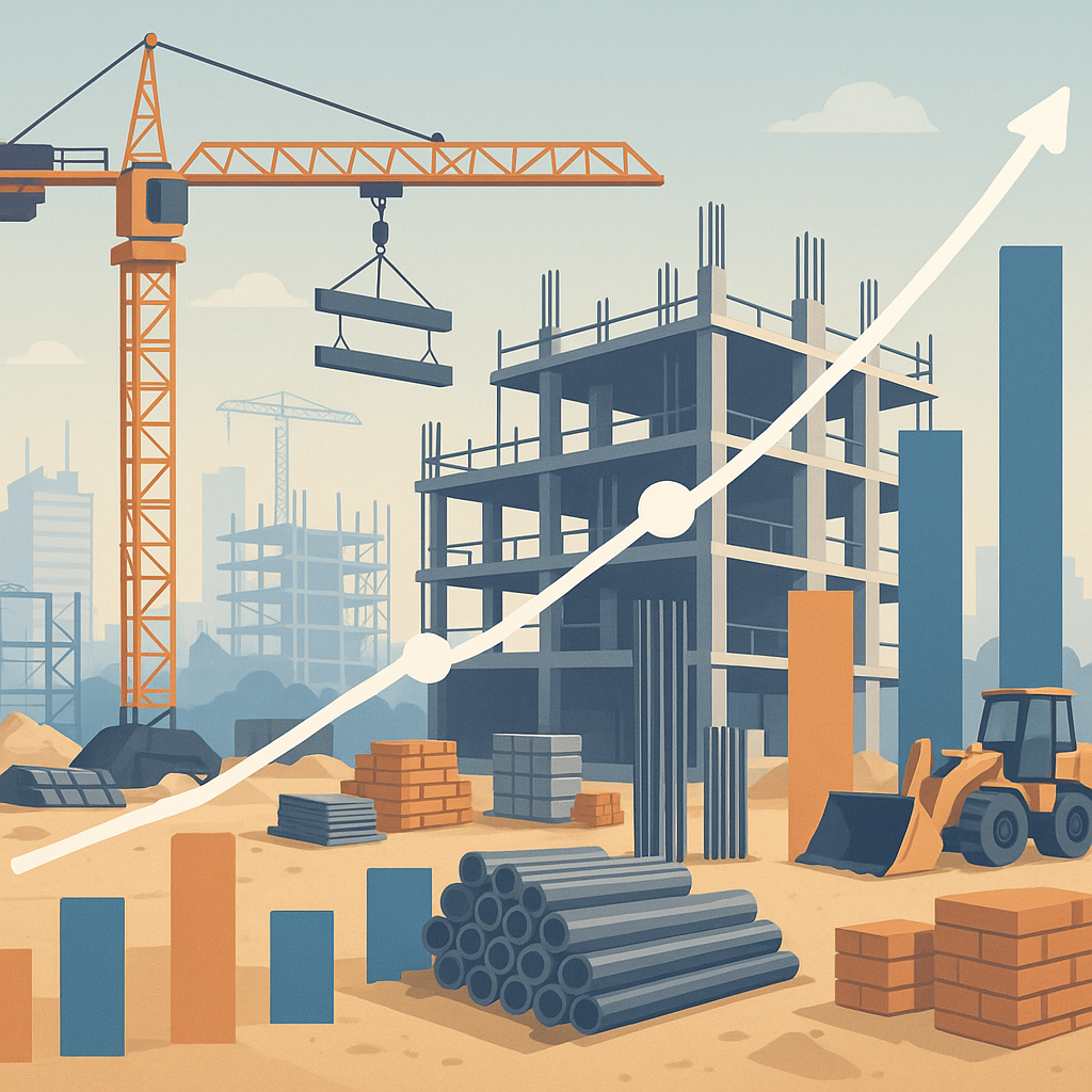 A detailed illustration of a construction site with a graph overlay showing rising cost trends, steel prices, and materi...