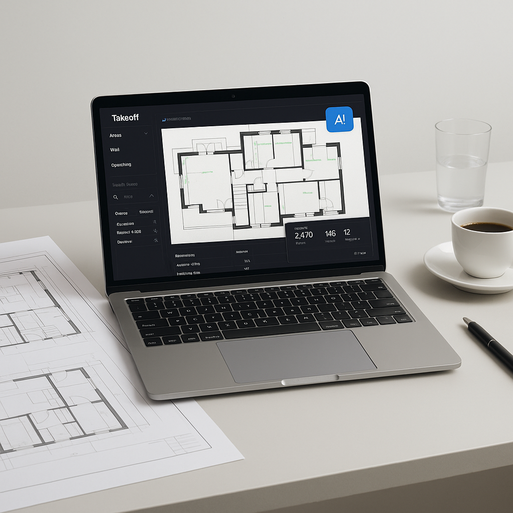A sleek construction estimator's desk with a laptop displaying an AI-powered takeoff tool, next to architectural drawing...