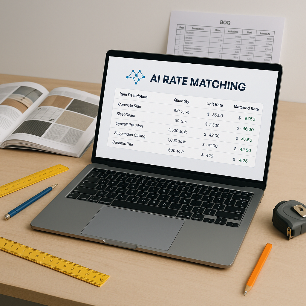 A construction estimator's desk with a laptop showing AI-powered rate matching software. Open catalogs, measuring tools,...