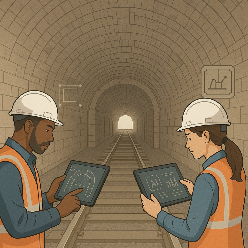 Detailed illustration of a rail tunnel rehabilitation project, showing engineers using AI-powered tools on tablets, with...