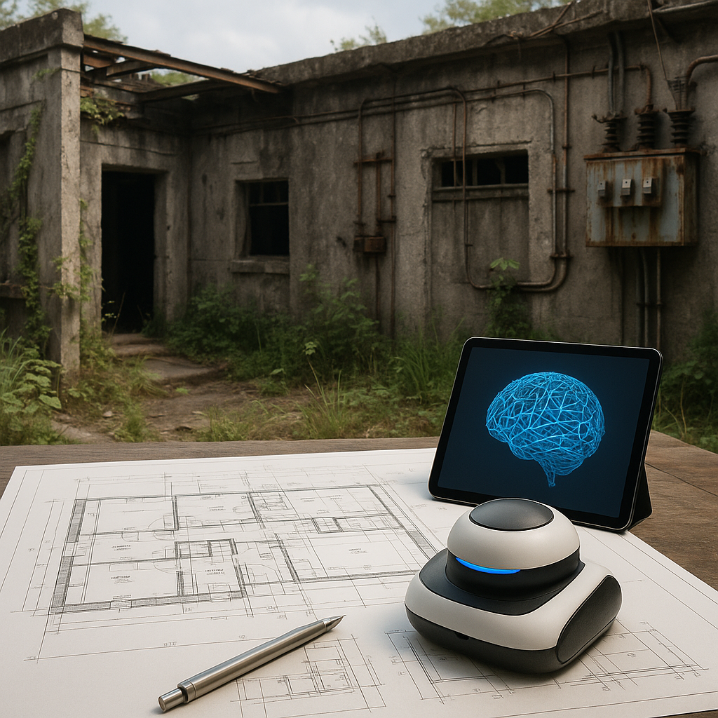 A realistic depiction of an aging military research facility, with crumbling concrete walls, outdated electrical systems...
