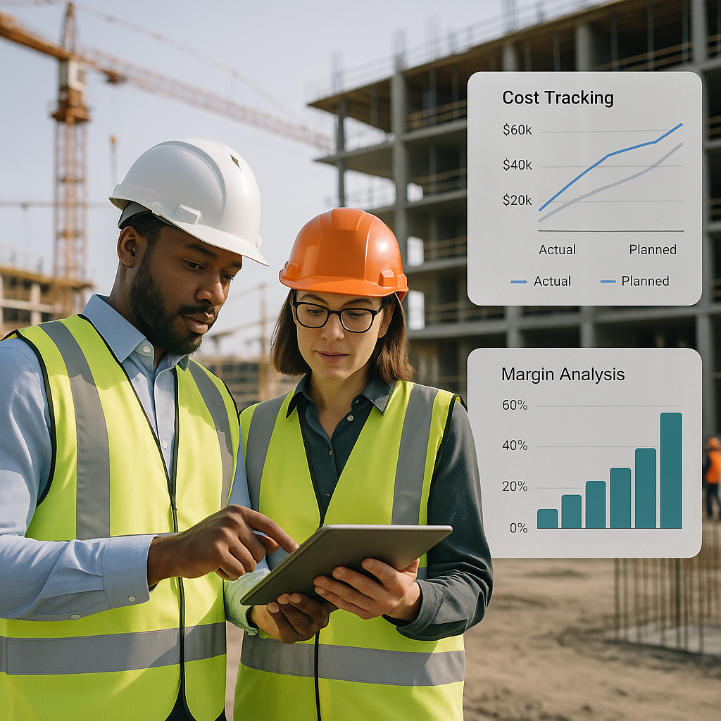 A detailed construction site with engineers reviewing a BOQ on a tablet, overlaid with graphs showing cost tracking and...