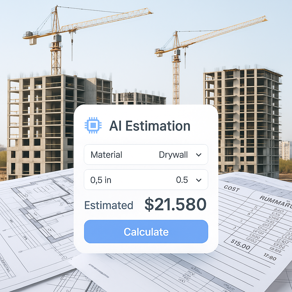 A construction site with clear visual elements: half-finished buildings, blueprints, cost sheets, and an overlay of a di...