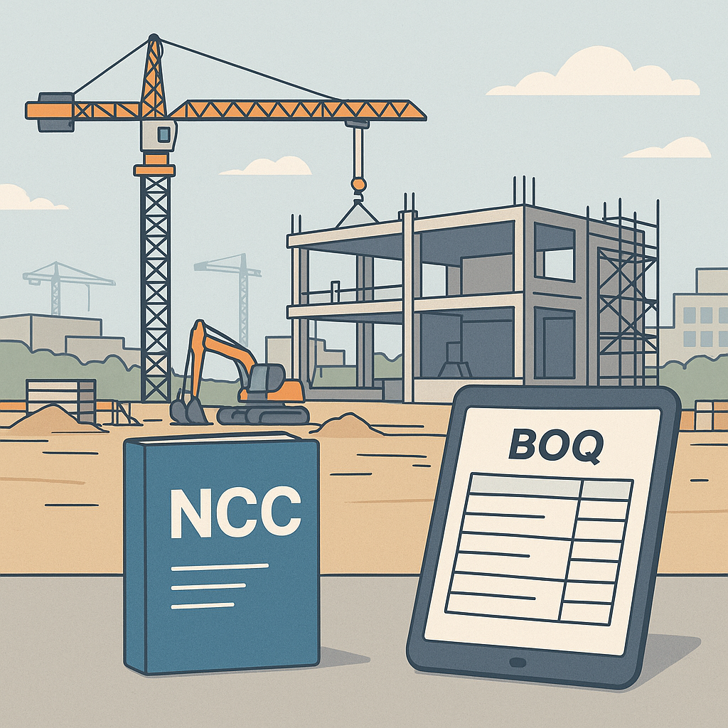 A detailed illustration of a construction site with Australian compliance documents (NCC) and a digital BOQ template ope...