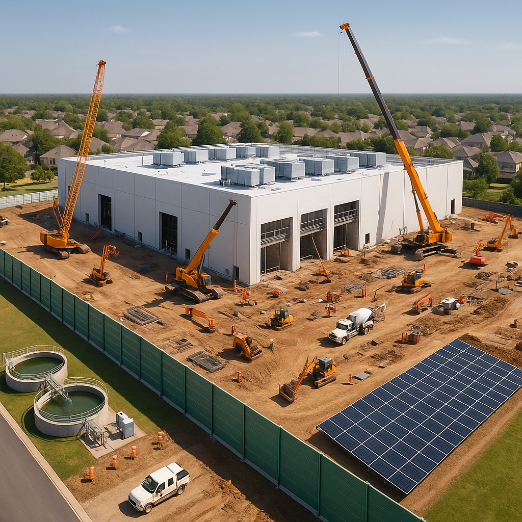 A construction site with a partially completed data center, surrounded by a suburban neighborhood. Include visual elemen...