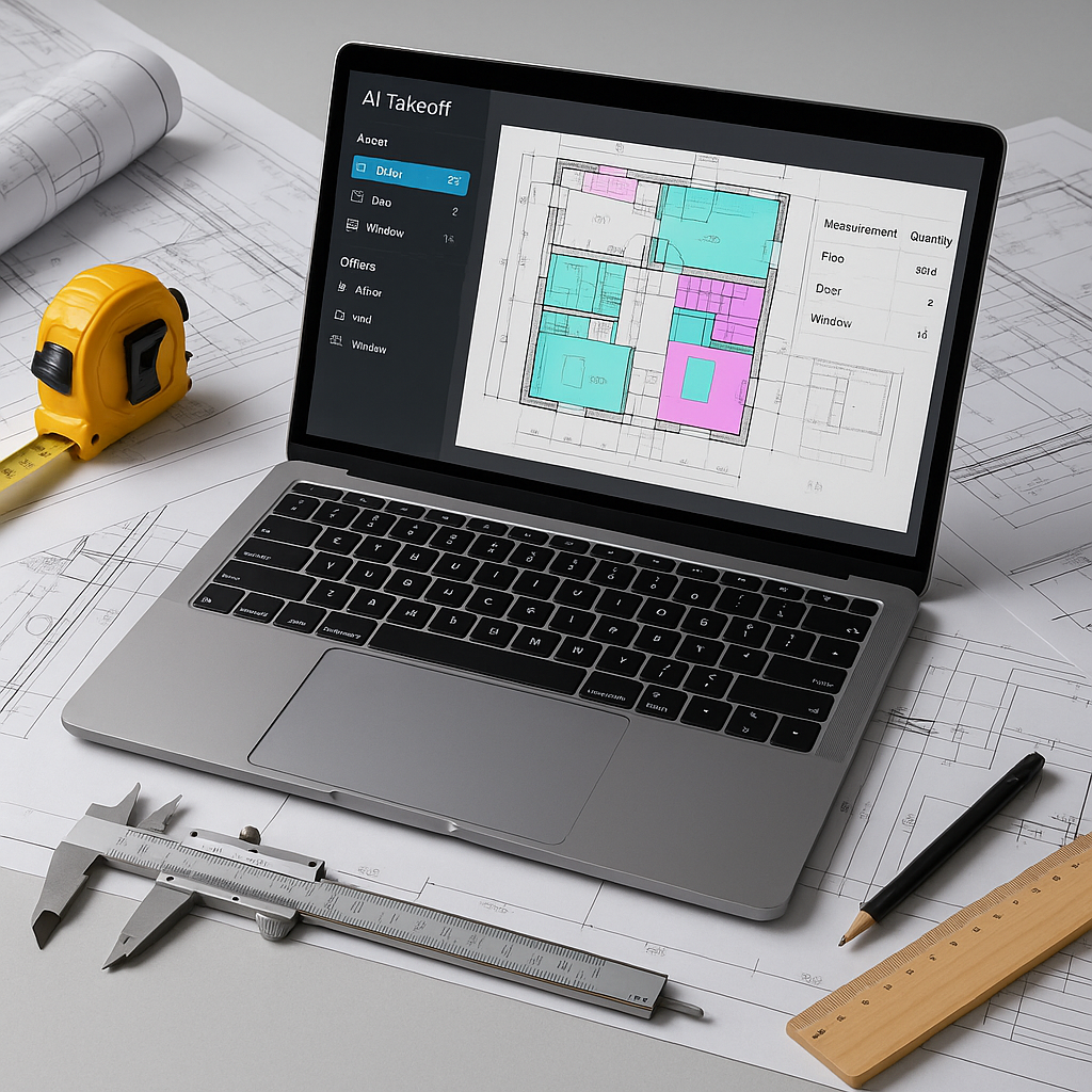 A construction estimator's desk with a laptop displaying AI-powered takeoff software extracting quantities from technica...