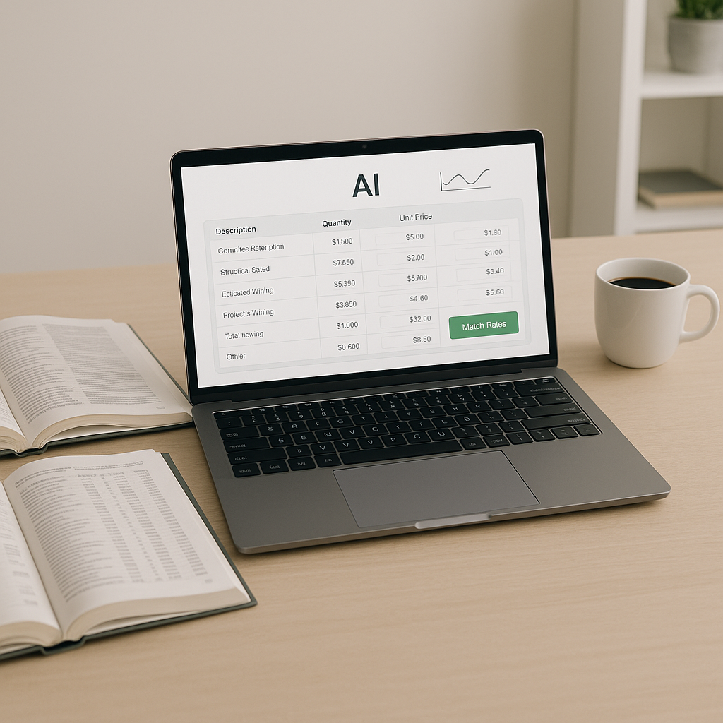 A modern estimator's desk with a laptop displaying an AI-powered rate-matching tool, alongside open rate books and a cup...