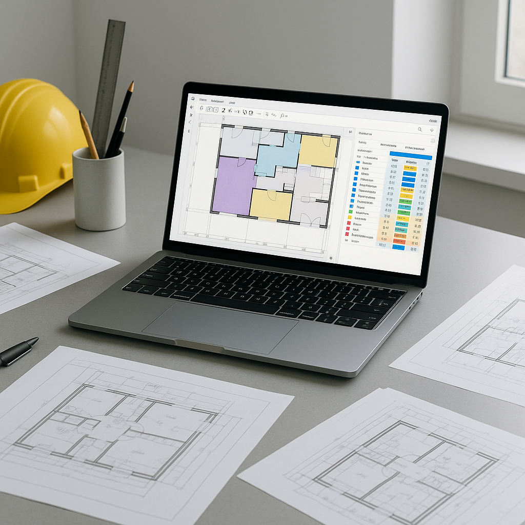 A modern construction estimator's desk with a laptop displaying an AI takeoff software interface, surrounded by PDF draw...