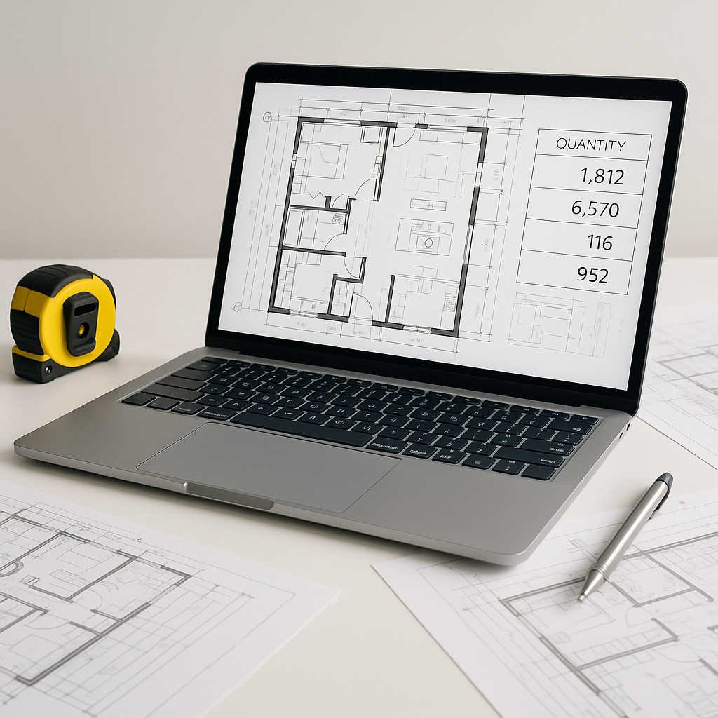A construction estimator's desk with digital blueprints on a laptop screen, highlighting quantities extracted by AI, sur...