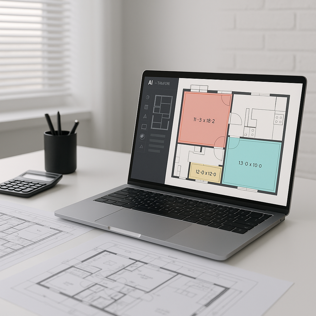 A modern construction estimator's desk with blueprints, a laptop showing AI-powered takeoff software, and highlighted ro...