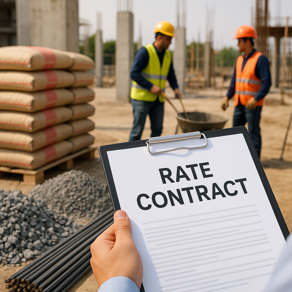 A construction site with stacks of cement bags, steel rods, and aggregates. A clipboard with a rate contract document is...