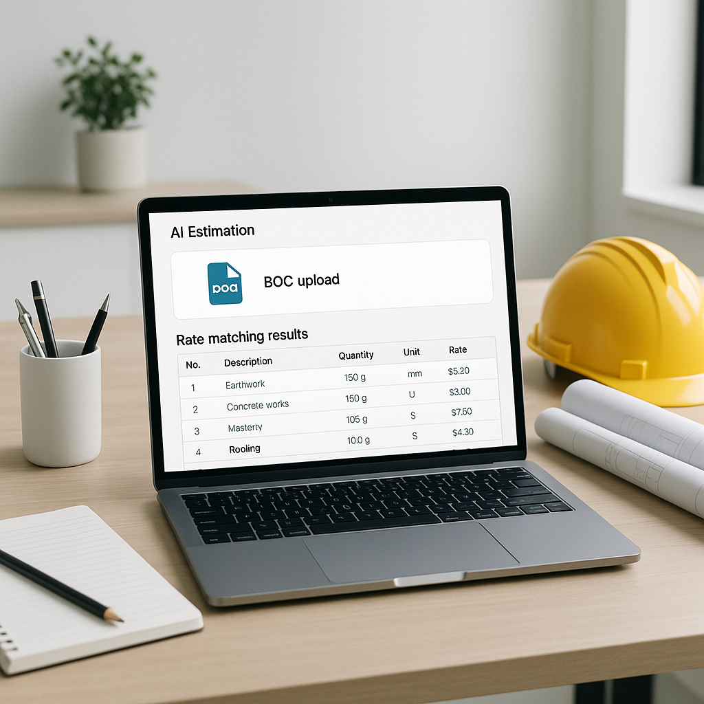 A construction estimator's desk with a laptop running AI-powered estimation software, showing a BOQ upload and rate matc...