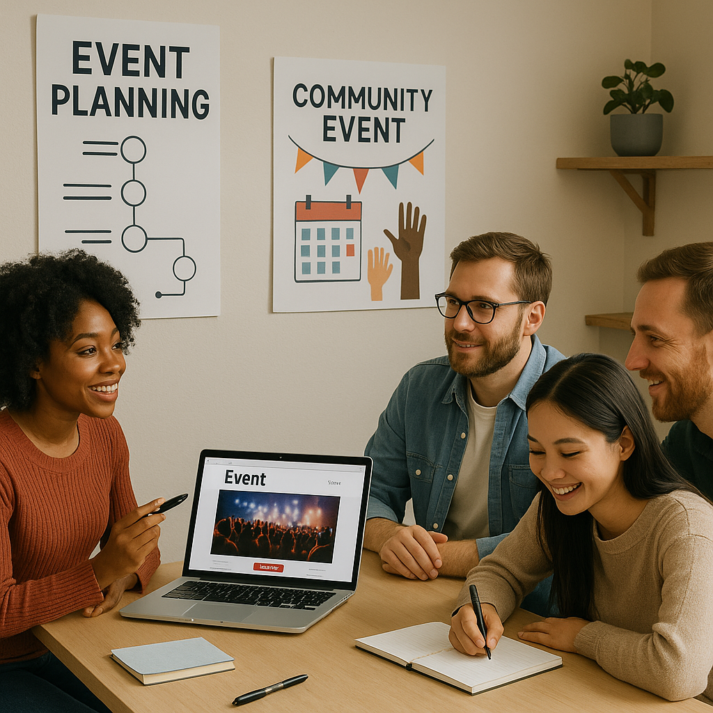 A small community group planning an event in a cozy setting, with posters, a laptop showing an event page, and diverse p...