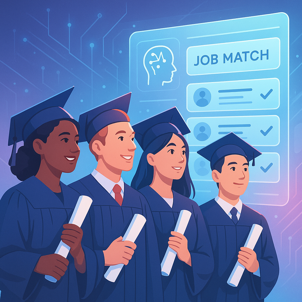 A futuristic illustration of young graduates holding diplomas, looking at a digital screen showing AI-driven job matches...