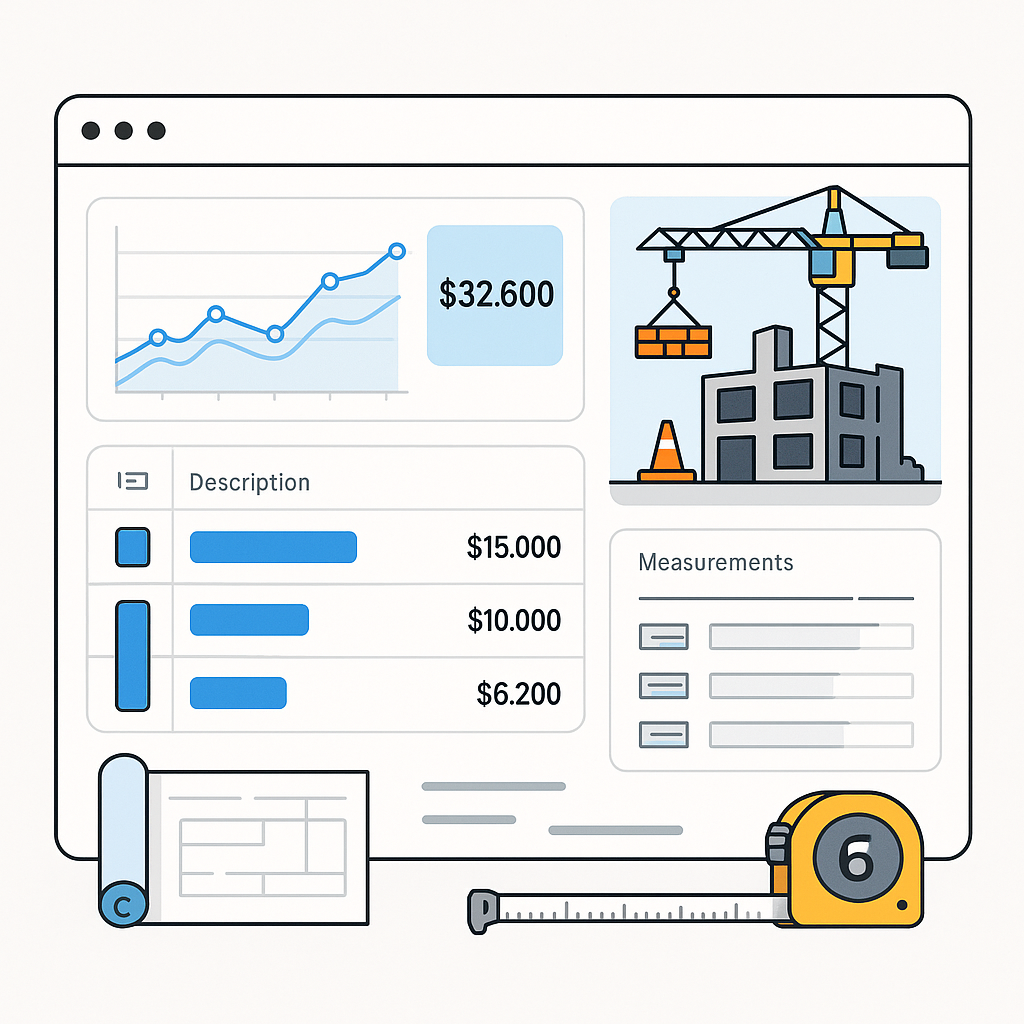 A detailed illustration of a construction site billing dashboard showing real-time cost tracking, BOQs, and measurement-...