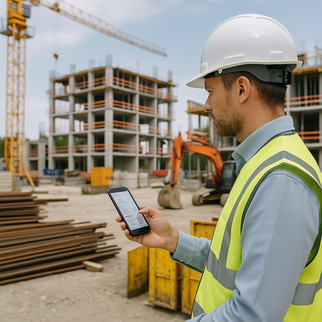 A construction site with a contractor using a mobile app to input BOQ details while surveying materials and equipment.