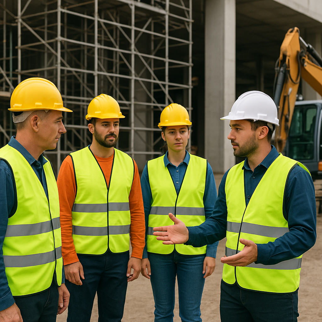 A construction site with workers undergoing safety training, wearing high-visibility vests and helmets. The background i...