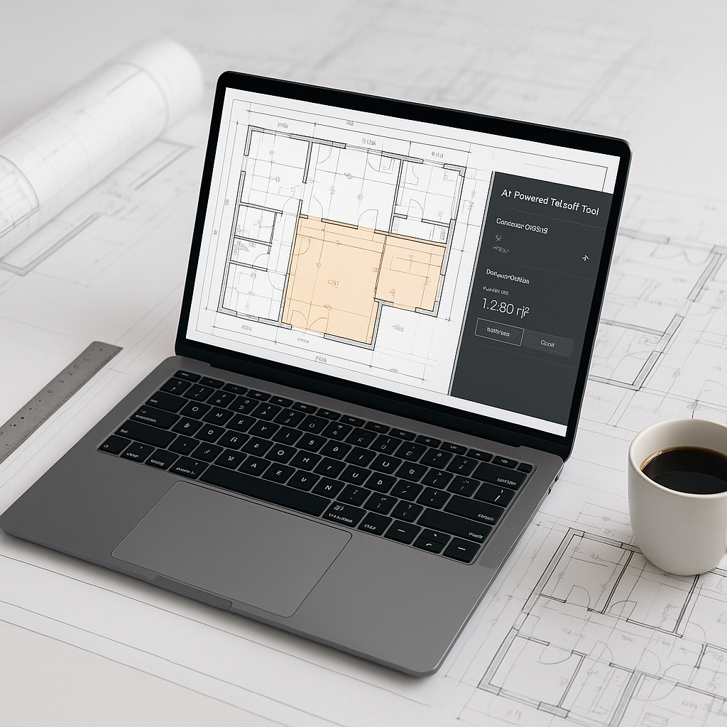 A construction estimator's desk with a laptop displaying an AI-powered takeoff tool analyzing a PDF drawing, surrounded...