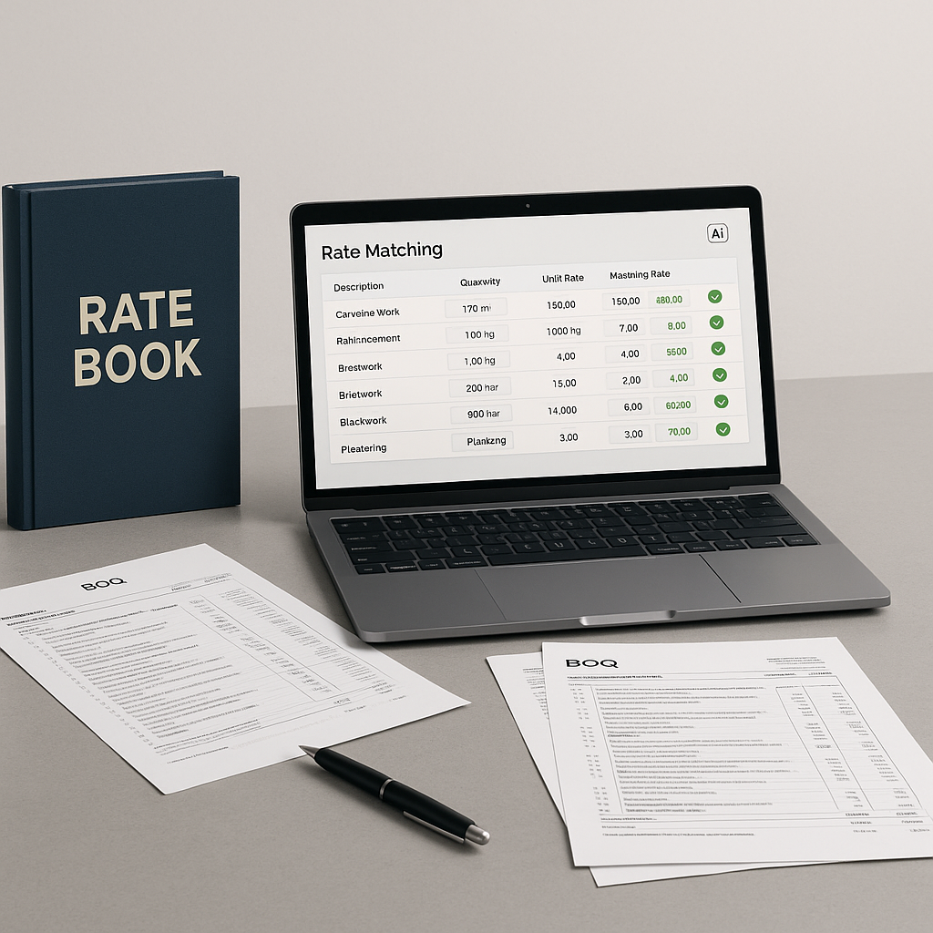 A modern construction estimator's desk with a laptop showing AI-powered rate matching software, alongside a physical rat...