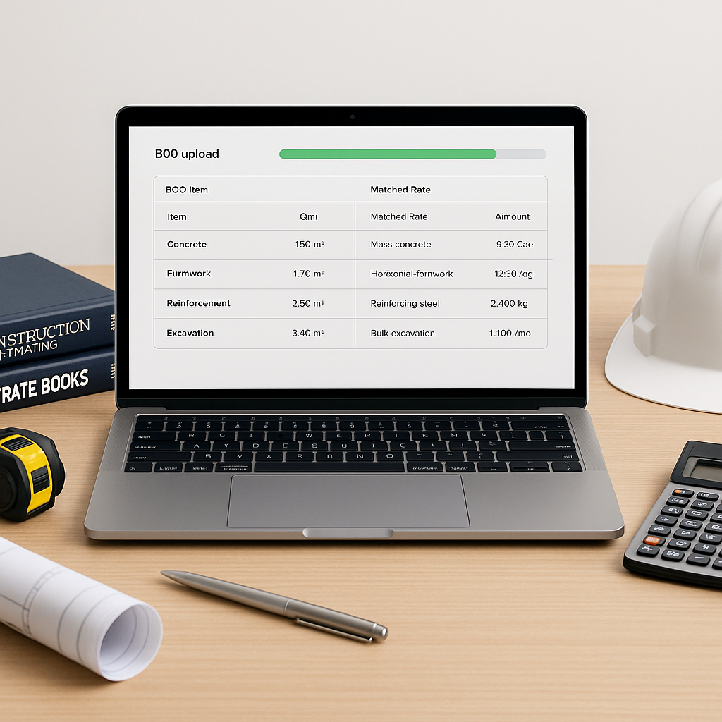 A construction estimator's desk with a laptop displaying AI-powered rate matching software, showing a BOQ upload and mat...