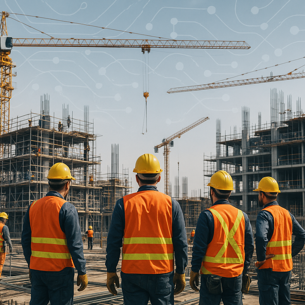 A busy construction site with workers in safety gear, surrounded by cranes and scaffolding. Overlay includes stylized AI...