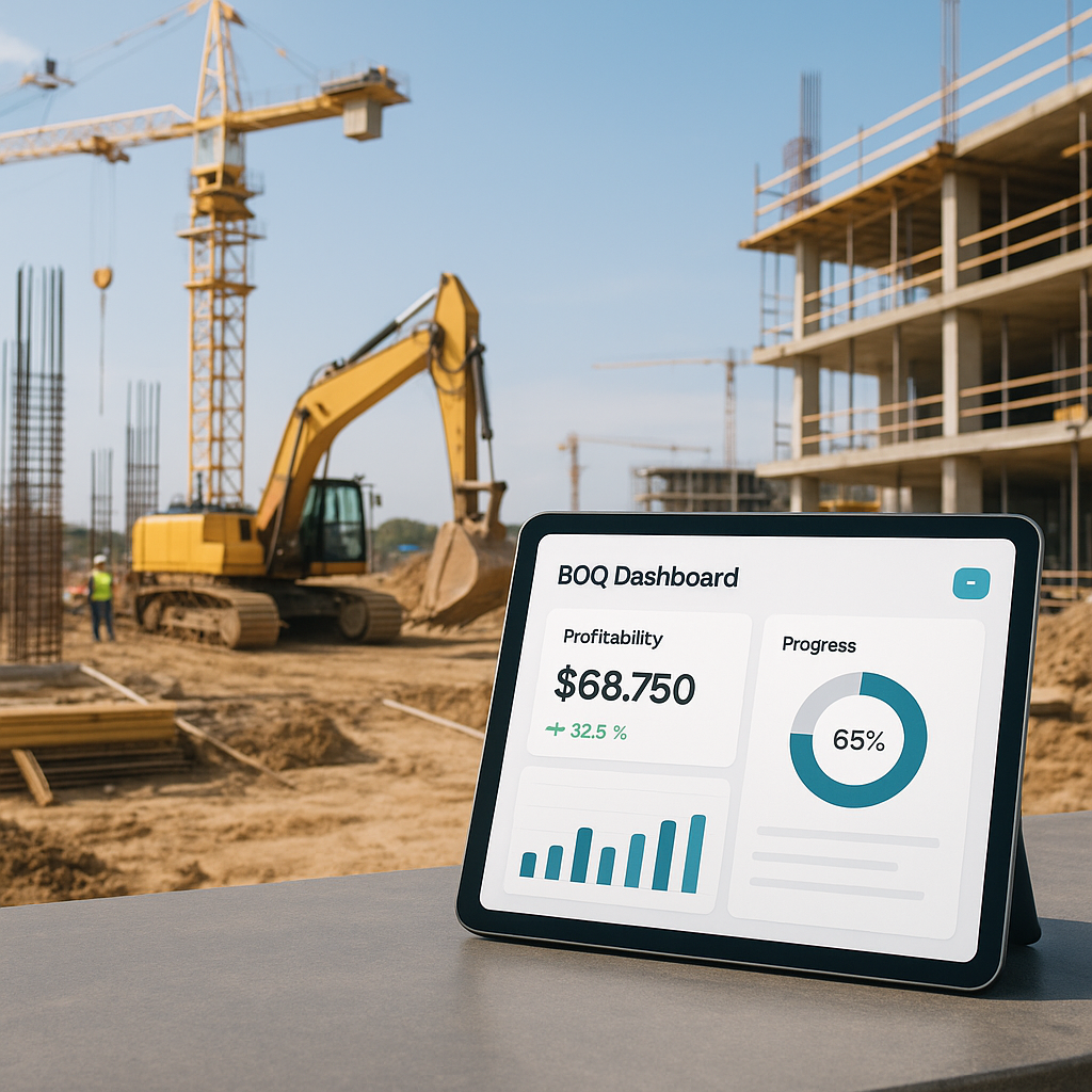 A detailed construction site with a digital tablet displaying a BOQ dashboard, showing profitability metrics and progres...