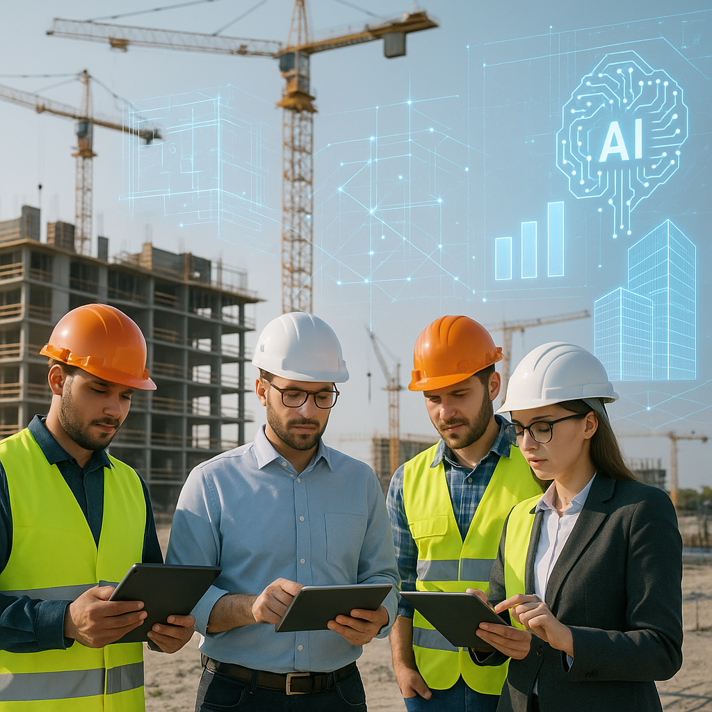 A modern construction site with workers and engineers using tablets, overlaid with digital blueprints and AI visualizati...