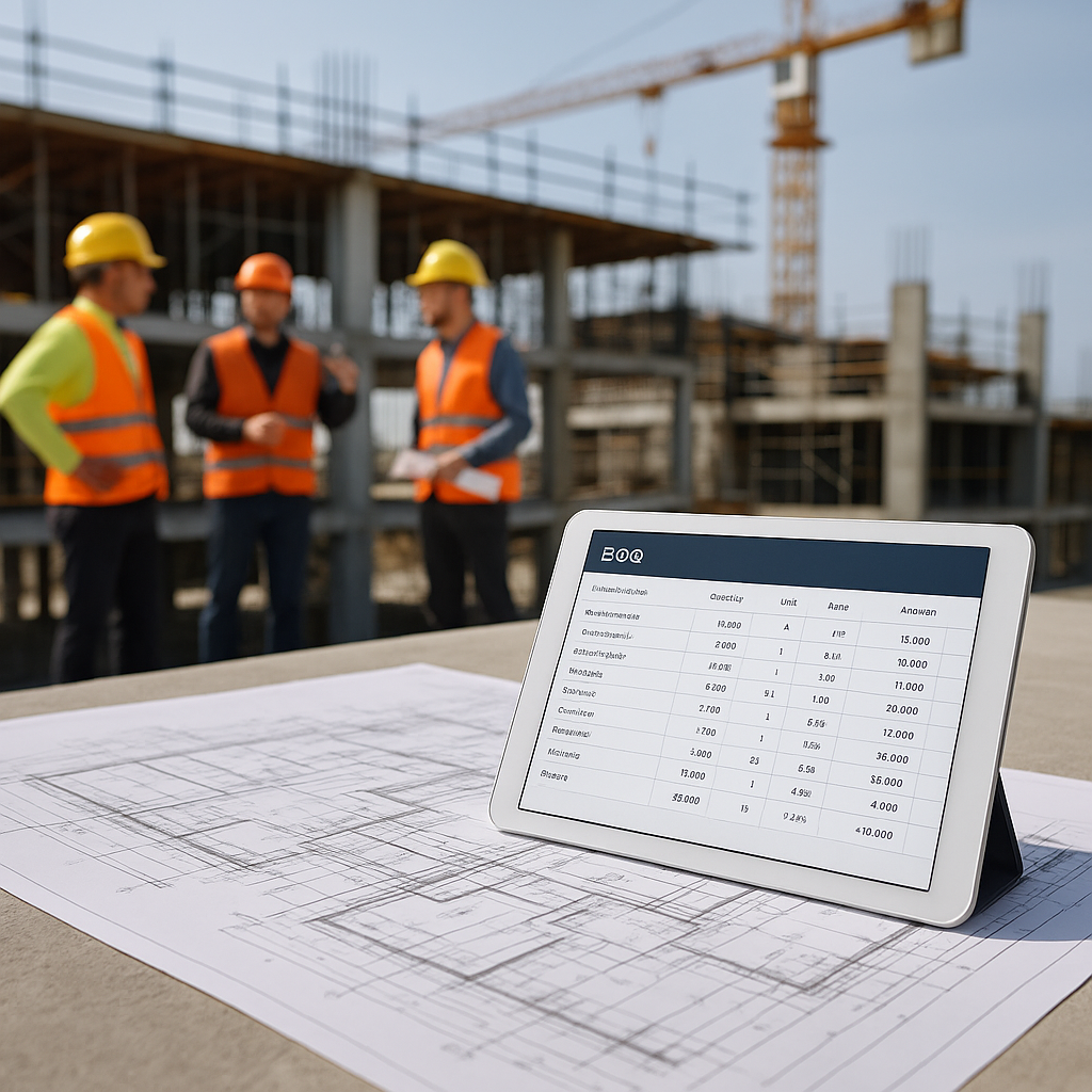 A construction project site with blueprints, a tablet displaying a digital BOQ app, and workers in the background.