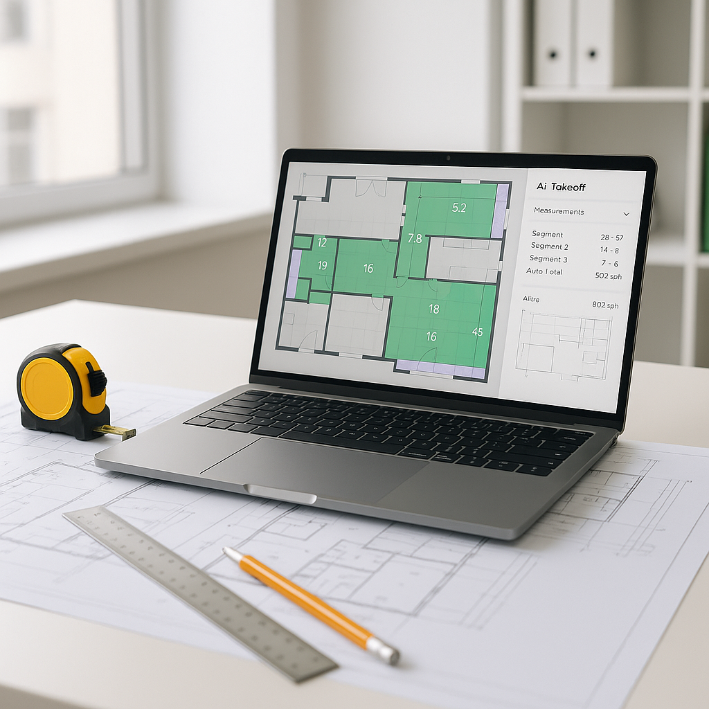 A construction estimator's desk with a laptop showing AI-powered takeoff software, alongside physical blueprints and mea...