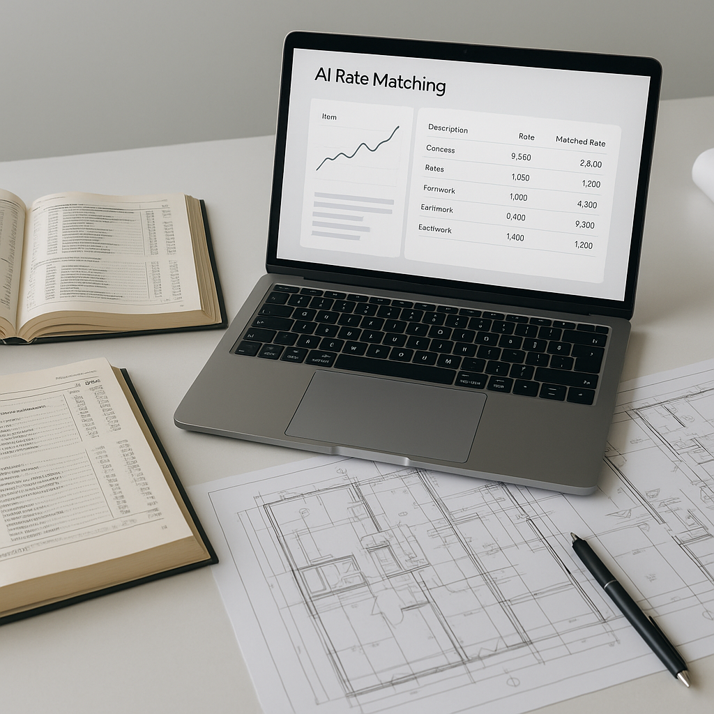 A construction estimator's desk with a laptop showing AI-powered rate matching software, alongside open rate books and p...