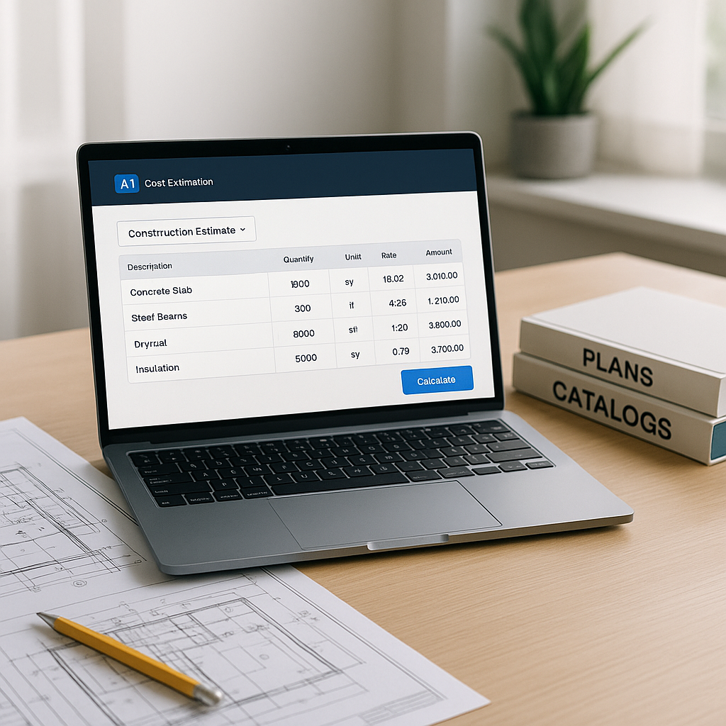 A realistic scene of a construction estimator's desk with blueprints, a laptop showing AI-powered rate-matching software...