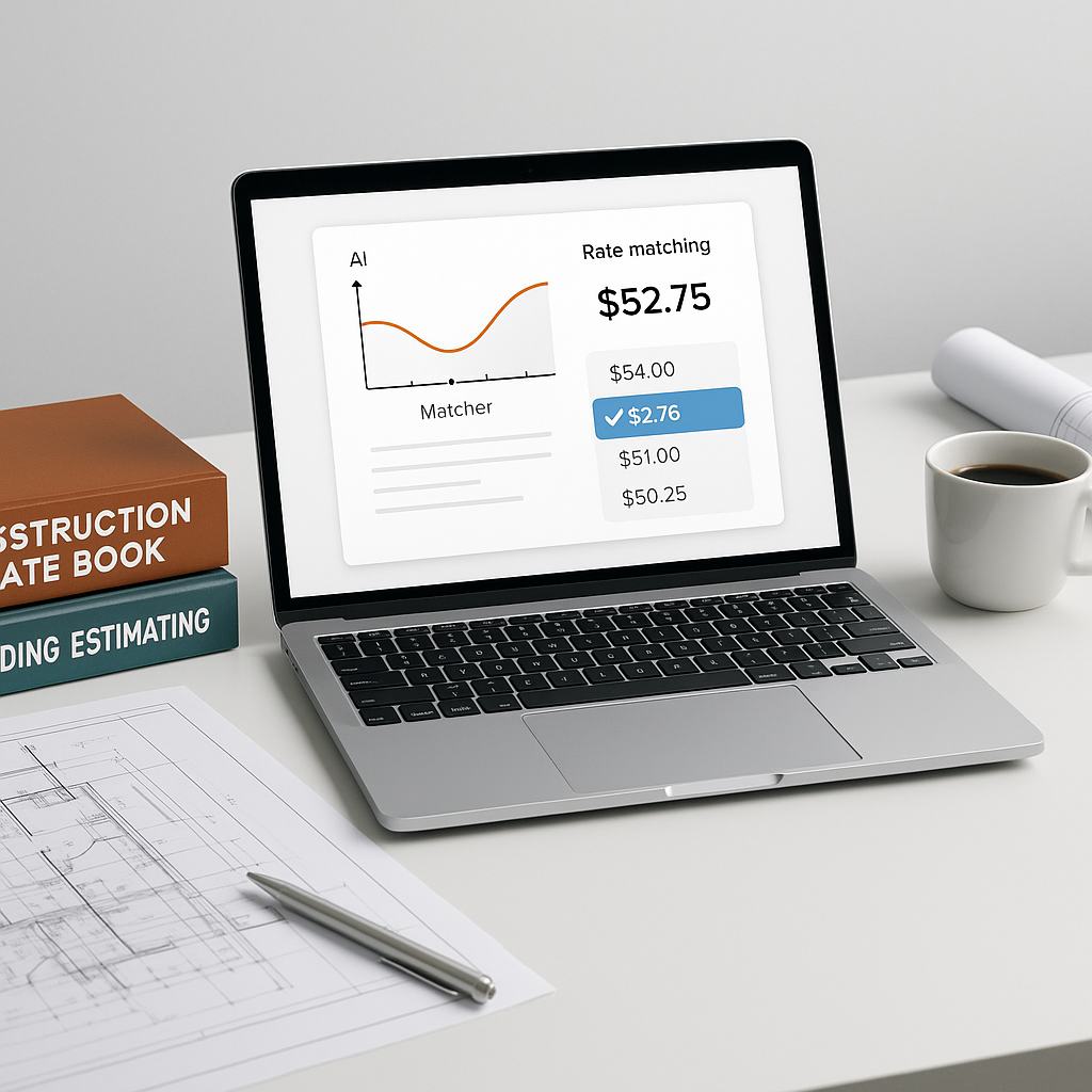 A modern construction estimator's desk with a laptop showing an AI-powered rate matching tool, surrounded by rate books,...