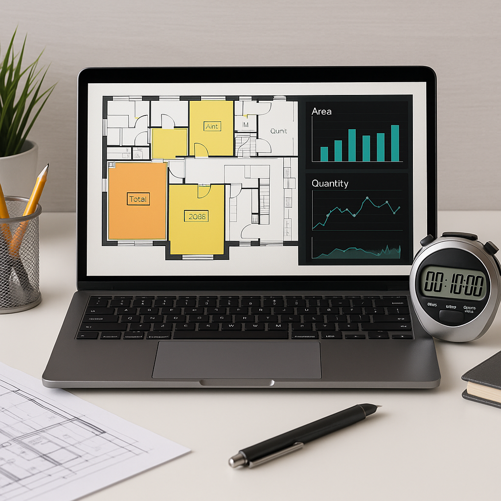 A modern construction estimator's desk with a laptop displaying a digital construction drawing, highlighting areas and q...