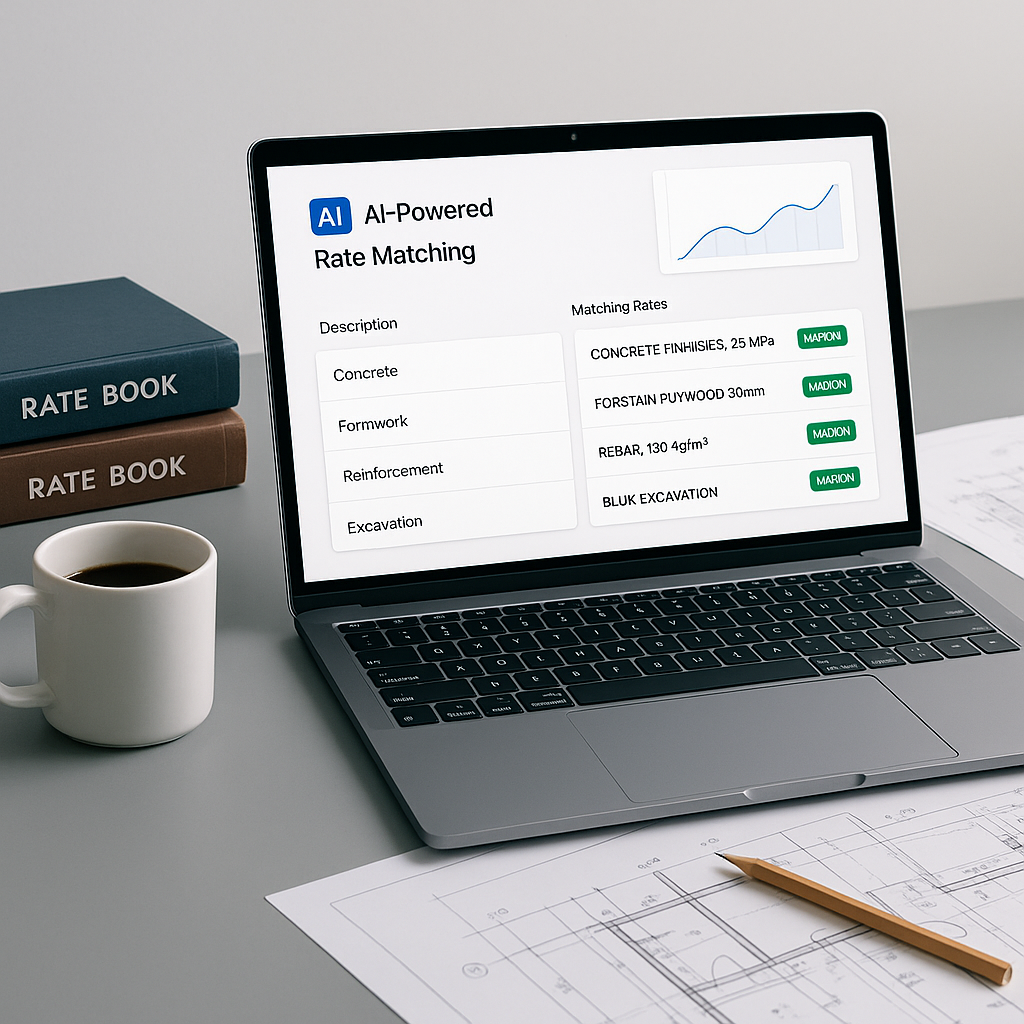 A construction estimator's desk with a laptop showing AI-powered rate matching software, surrounded by rate books, drawi...