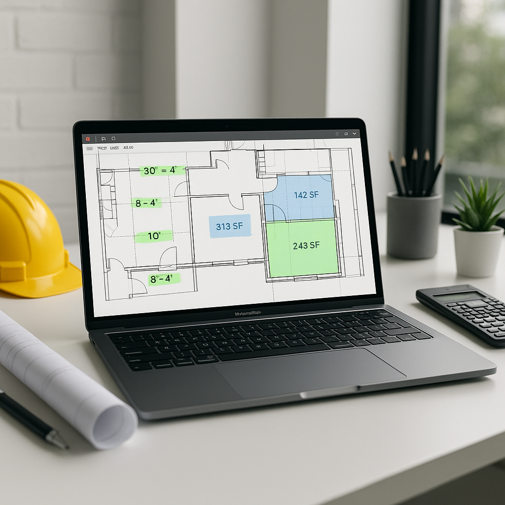 A modern construction estimator's desk with a laptop running AI-powered takeoff software, showing a PDF drawing with hig...