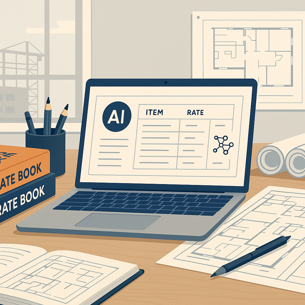 A detailed illustration of a construction estimator's desk with a laptop displaying an AI-powered rate matching tool, su...